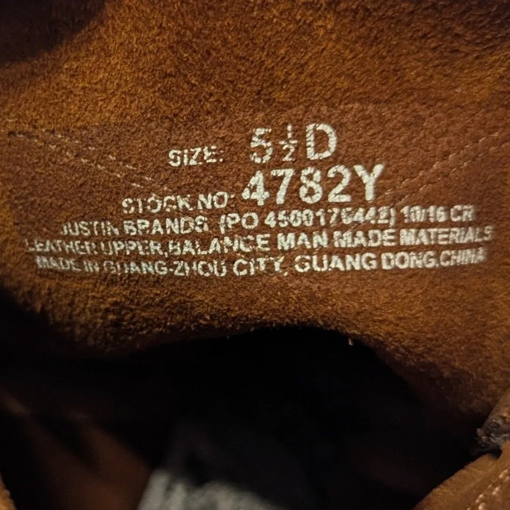 Justin Kids Sz 5.5D Aged Bark Work Boots Brown Leather Roper Cowboy Boots 4782Y